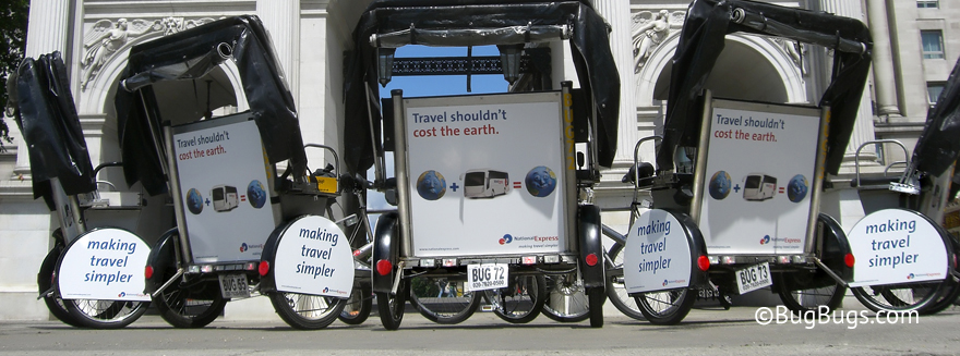 An example of Bugbugs pedicab branding for National Express Coaches - making travel simpler