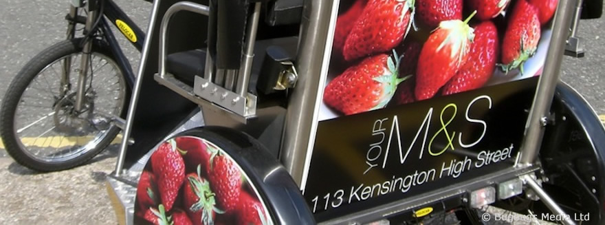 An example of Bugbugs pedicab branding for Marks and Spencers