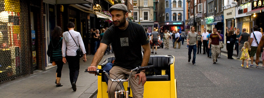 A Bugbugs rider at work in Soho, Central London